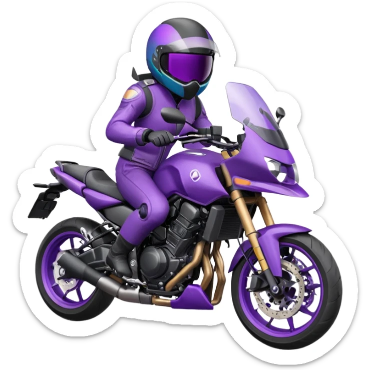 Créer un emoji avec une moto mt07 sport noir mate / violet iridescent très foncé. Avec une pilote dessus visière violet sombre faceless, bulle de la moto violet. Avec fond arrière violet sticker