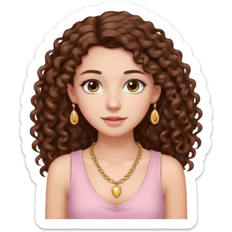 crée moi une jeune fille très belle avec les cheveux bouclés long brune avec un top  sans manche de couleur rose clair avec un peu de maquillage un collier en or sticker
