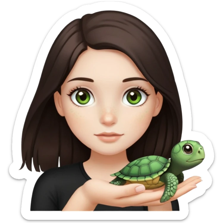 pretty girl, she has dark brown hair, long and straight, grayish green eyes, and long eyelashes, the girl has freckles and pale skin, she’s wearing black top and holding a turtle in her hand  sticker