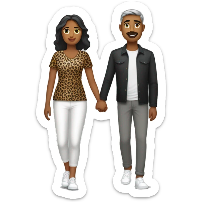 an indian couple, man and a woman holding hand. The man is wearing a black overshirt, a white tee shirt underneath, grey trousers and white trainers, the woman is wearing a leopard print dress sticker