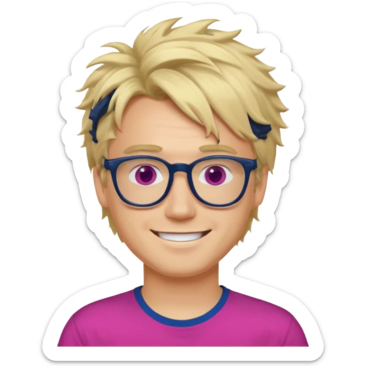 A blond guy with messy hair is smiling. He wear black and dark blue glasses and a fushia T-shirt.  sticker