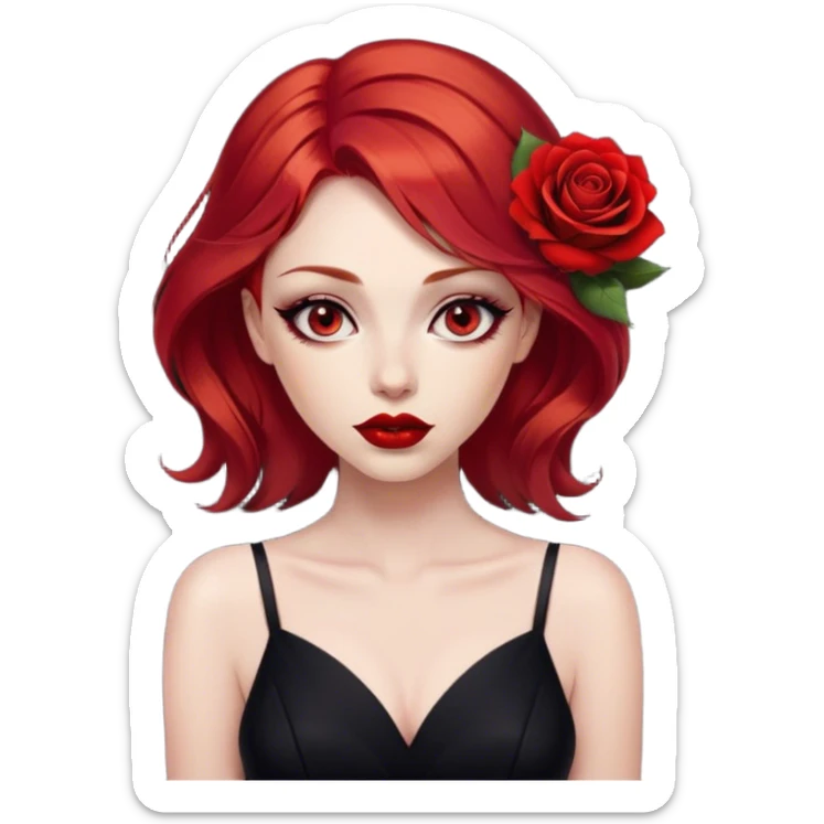 a beautiful very angry woman with red hair and red eyes. The woman wear a black little cutted dress. She have red lipstick and she have a seductive look. She have a rose flower in her hair sticker