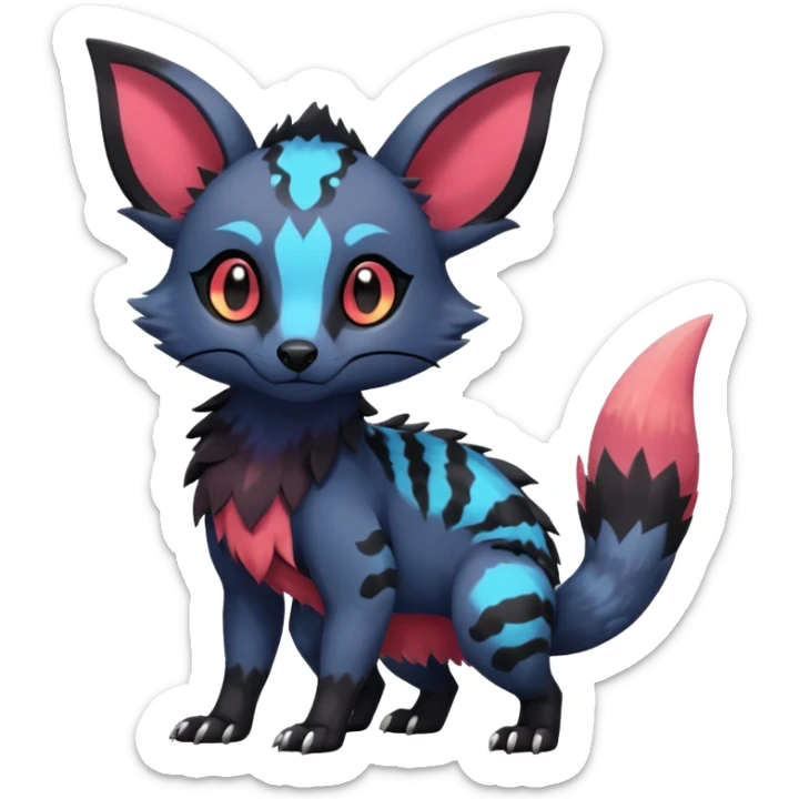 Rare realistic exotic cute gothic colorful Salandit-Eevee-Civet-species-Fakemon-hybrid-creature, with markings, full body sticker