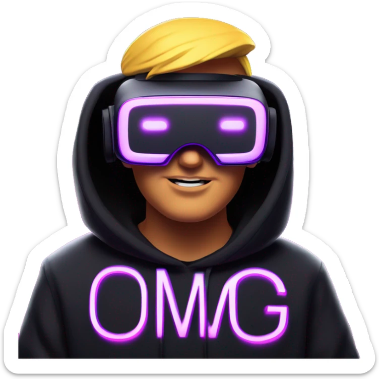 Donald Trump wearing a black hoodie with "OMG" letters on it and VR headset oculus quest 2 in a cyberpunk VR environment with violet neon lighting. sticker
