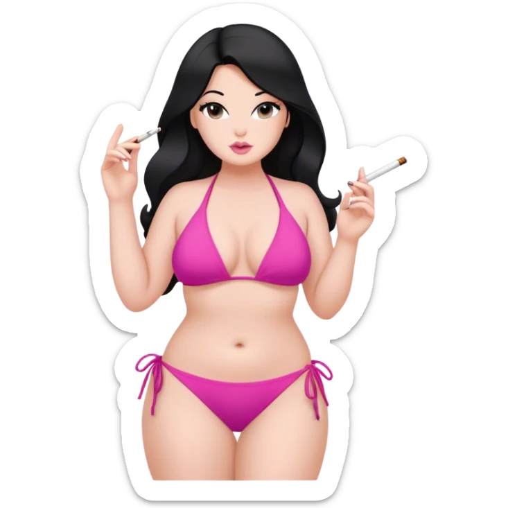 caucasian curvy girl smoking in pink bikini, long straight black hair, sfw pose sticker