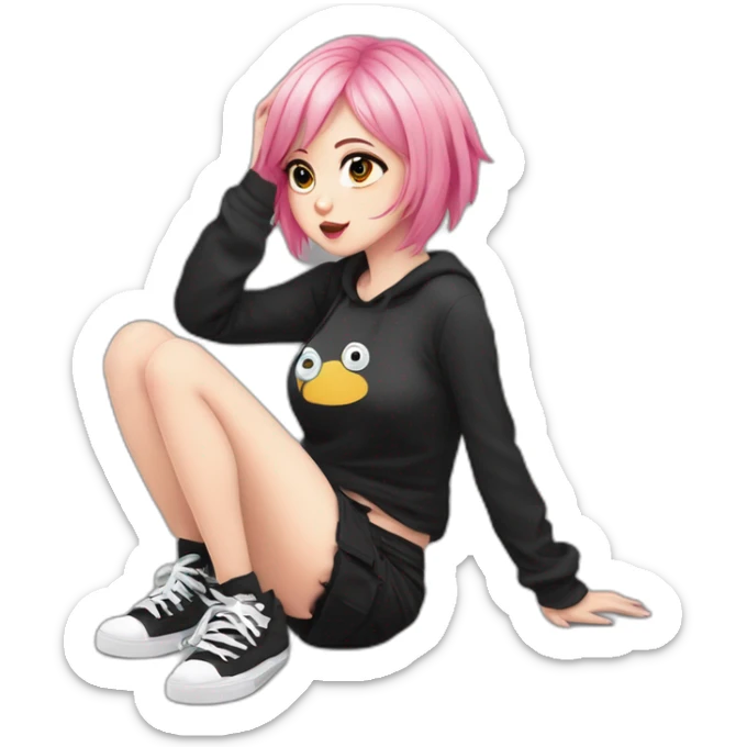 Full body Front view curvy emo girl pink hair sits on the floor straight view hands up black skirt белые трусики полосатые рваные чулки sticker