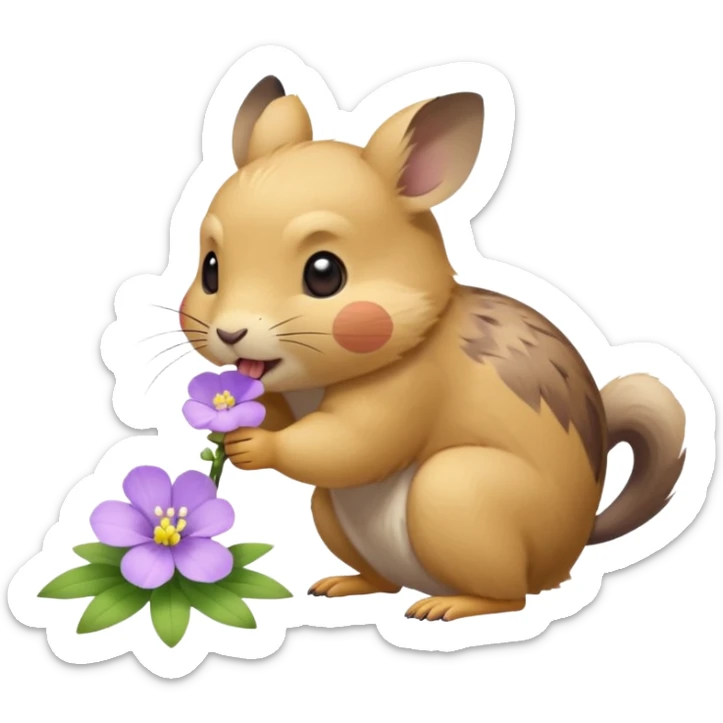 small round pika on all fours, turned at an angle, biting a small light purple flower in its mouth sticker