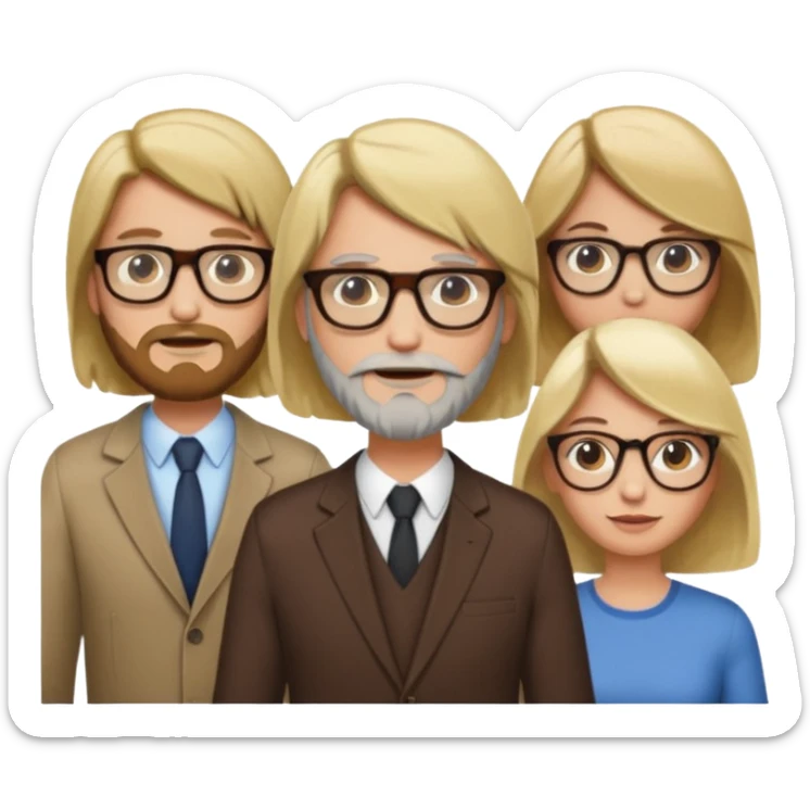 A man with hair and glasses and  a woman with long brown hair and a man with a beard and a woman with a blonde bob sticker