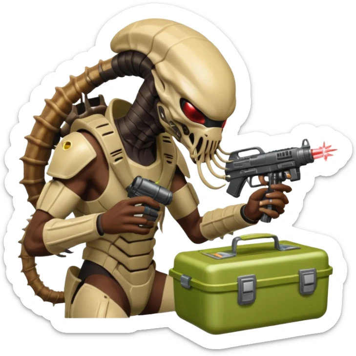 The Predator, as in the 1987 movie, with full armor, laser gun and mask eating an Alien facehugger from a lunchbox, the setting should be dark and sci-fi. sticker
