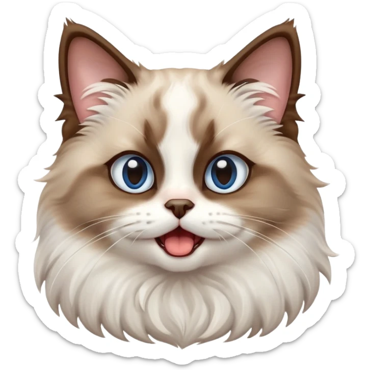 cinematic-adorable-big-eyed-fluffy-brown and white ragdoll-cat-portrait-emoji,-head-tilted-playfully-with-a-cute,-yawn,-soft-brown-and white-colored-fur-with-darker-points-on-the-ears,-simplified-yet-irresistibly-cute-features, sparkling blue eyes sticker
