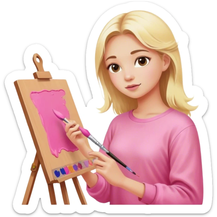 blonde girl in pink clothes paints with brushes on canvas artist sticker