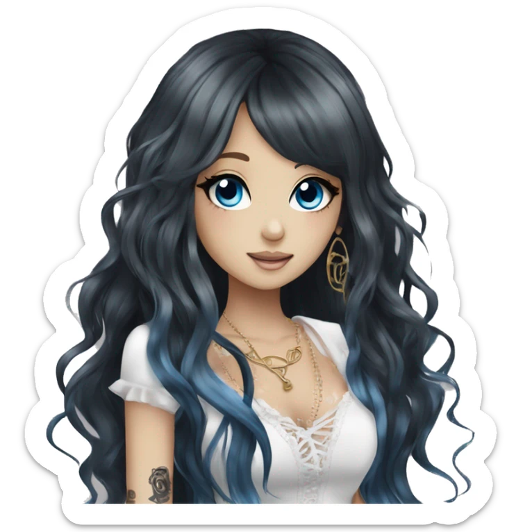 hime gyaru girl, tattoos, long black hair and blue eyes sticker