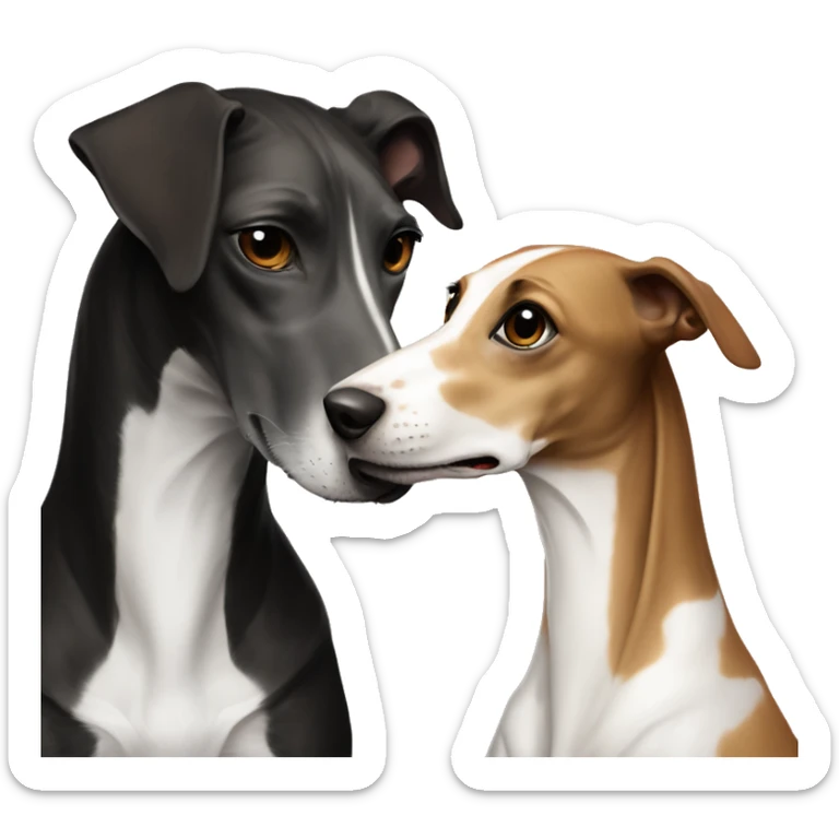 Two aristocrat dog black and white galgo kiss with women with brown hair  sticker