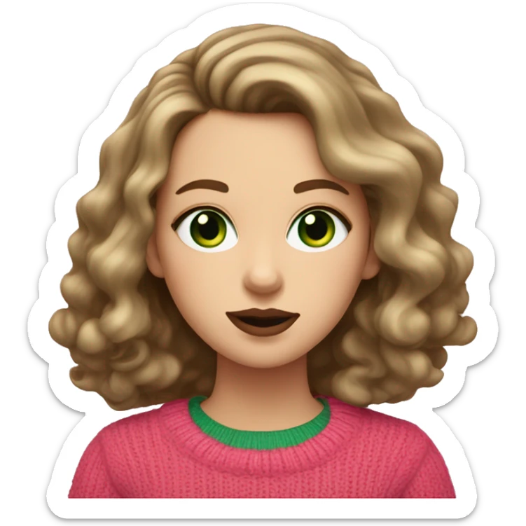 White girl with brown long curled hair and green eyes and a pink sweater with big red lips  sticker