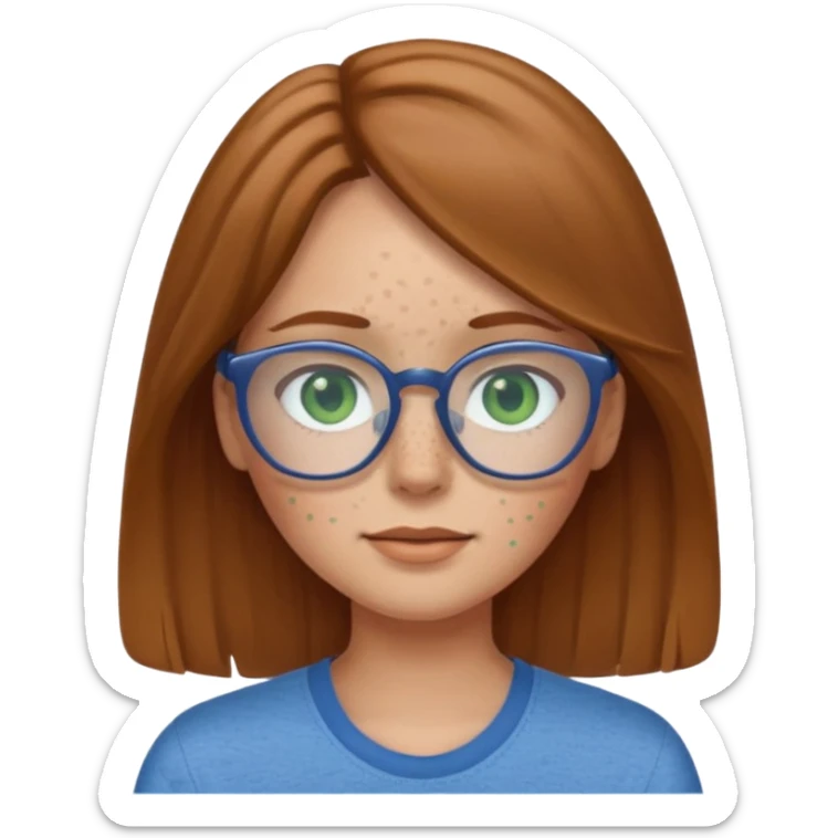Create an emoji of a girl with light brown hair medium length hair, green eyes, freckles, glasses and wearing a blue shirt sticker