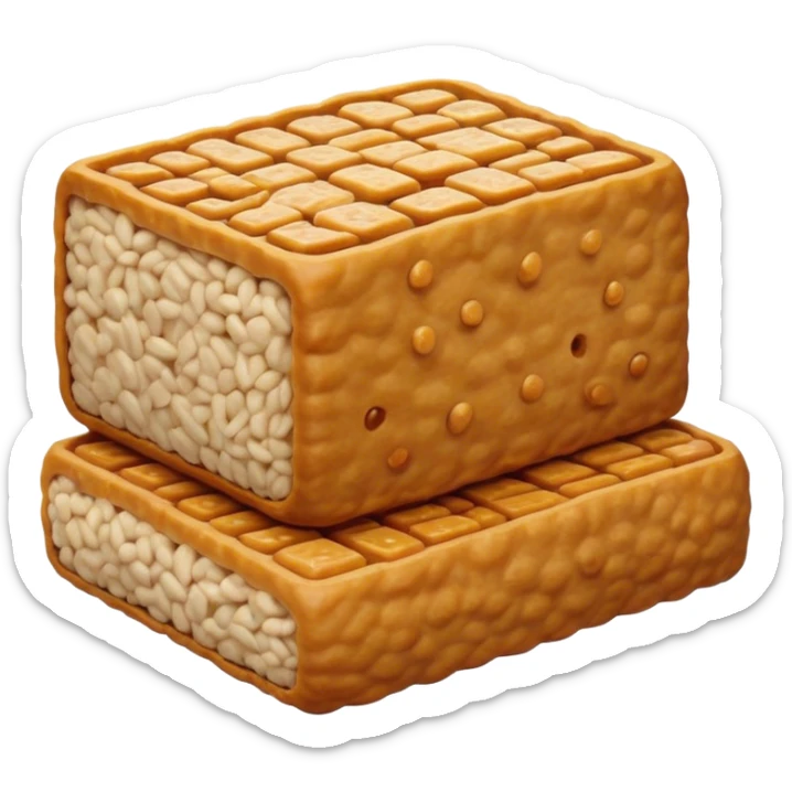 Cinematic Realistic Tempeh Dish Emoji, showcasing fermented soy cake cooked to a crispy finish rendered with lifelike textures and warm, inviting lighting. sticker