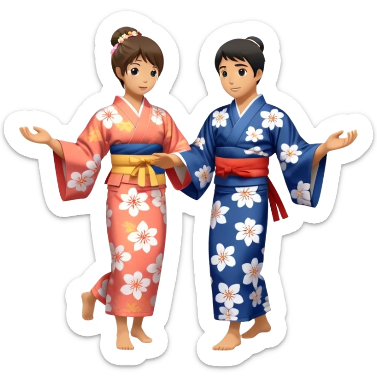 Cinematic Realistic scene of two performers engaging in Bon Odori, dressed in traditional yukata with intricate summer patterns, captured in graceful, rhythmic motion with warm, festive lighting sticker