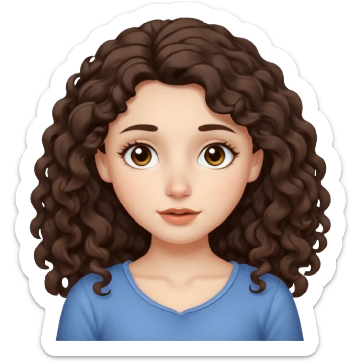 Aesthetic white girl with long curl hair color dark brown (almost black, but more brownish), big almond shape eyes color brown, small wide nose, natural lips, sweet expression. Dressed with a  cute top sticker