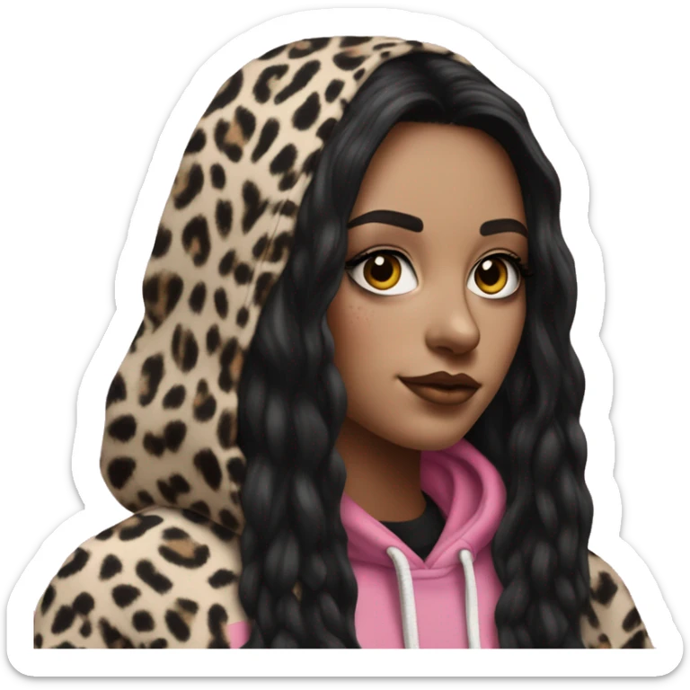 Hyperrealistic white girl with long black hair with a pink fringe and has eye makeup on, she is wearing a black and leopard print hoodie  sticker