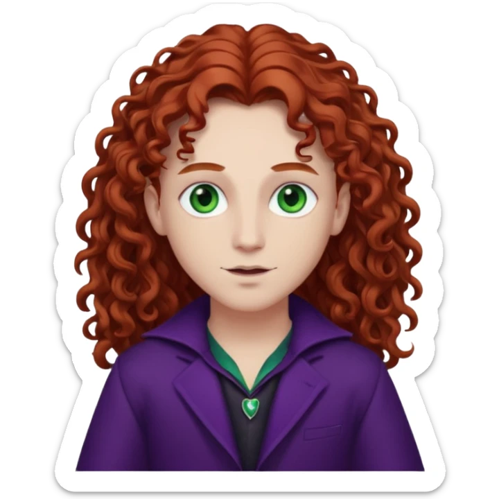 Armand with white skin, green eyes , long auburn curly hair, dark purple outfit sticker