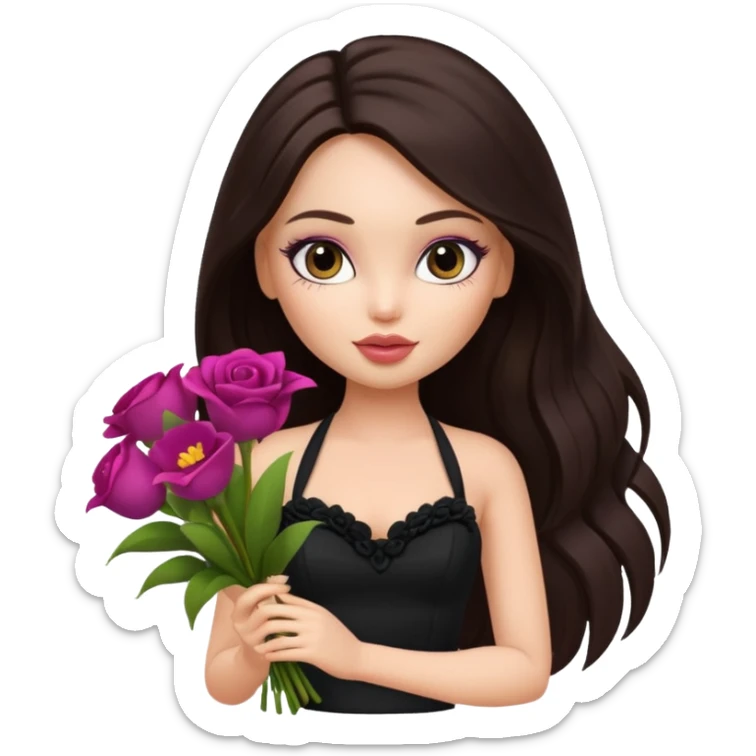 pretty bratz doll with makeup with dark halterneck top, long dark brown hair holding big bouquet of flowers sticker