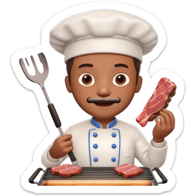 A 3D cartoon cook flipping meat on a grill with tongs, gentle smoke effect, Memoji-style lighting. sticker