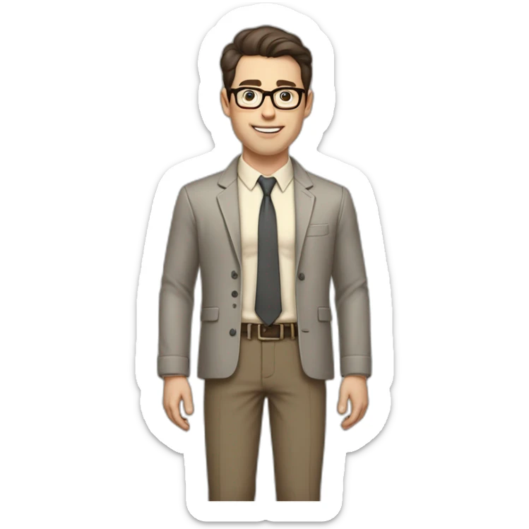 Full height Pale skinned fit man with dark brown hair in gray jacket, beige office shirt, brown tie, brown pants and vintage glasses. His right hand stretched out sticker