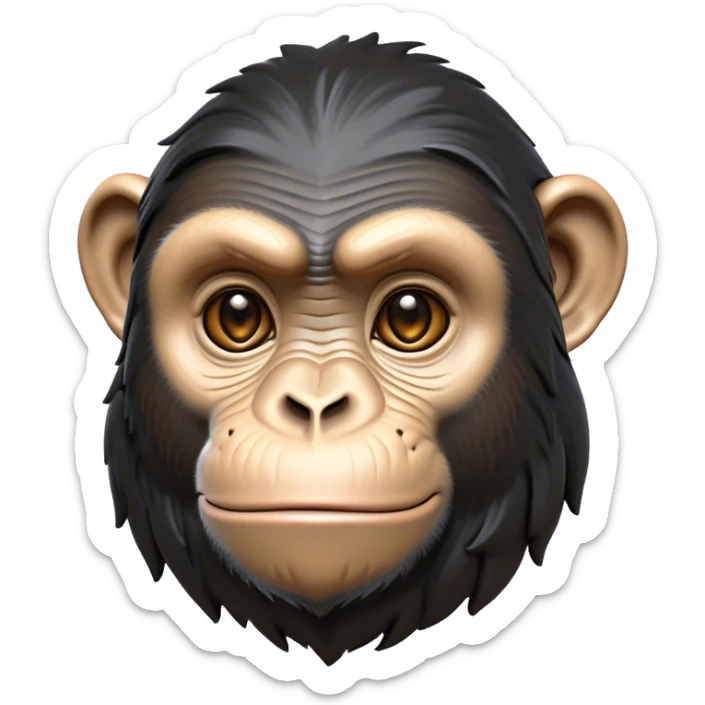 Cinematic Noble Chimpanzee Portrait Emoji, Poised and wise, with a lean, agile build adorned with textured fur and deep, thoughtful eyes, Simplified yet sharp and sophisticated features, highly detailed, glowing with a soft, contemplative glow, high shine, intelligent and vigilant, stylized with an air of primate regality, focused and attentive, soft glowing outline, capturing the essence of a watchful guardian that feels as though it could step out of the screen with effortless authority! sticker