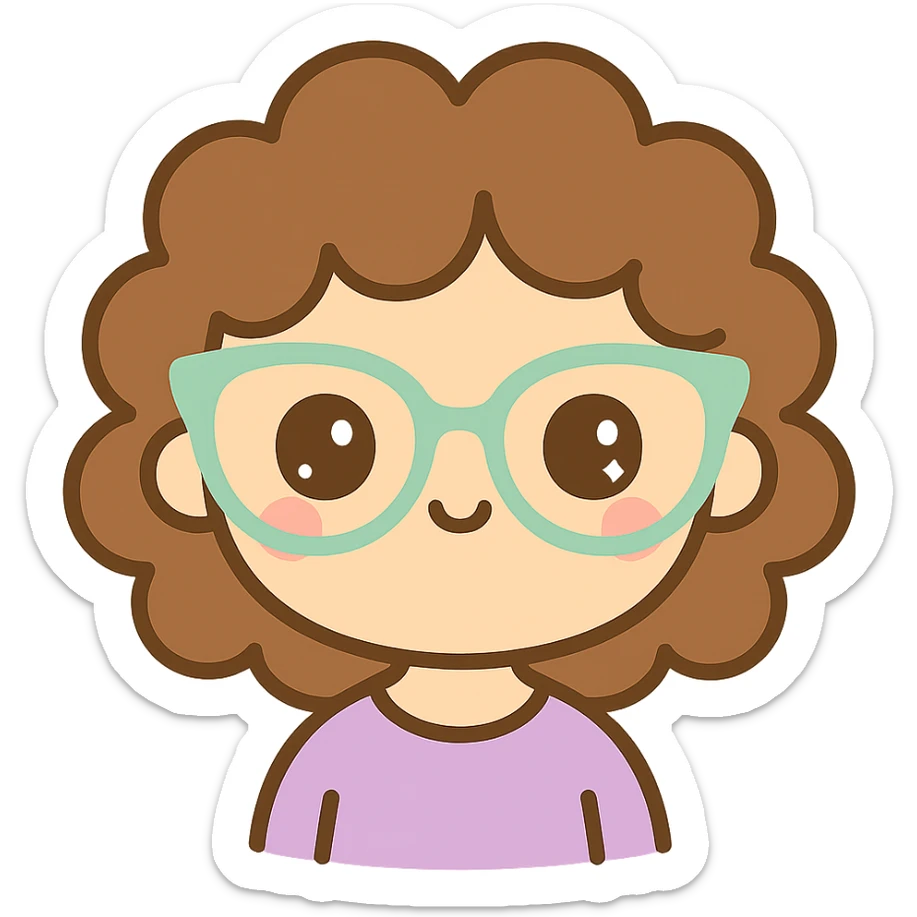 character with brown curly hair, doe eyes, white skin, cat eye glasses sticker