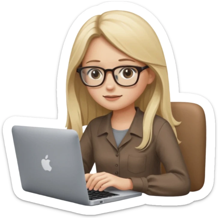 Girl in glasses, blonde long hair, sitting, brown blouse, typing on gray MacBook sticker