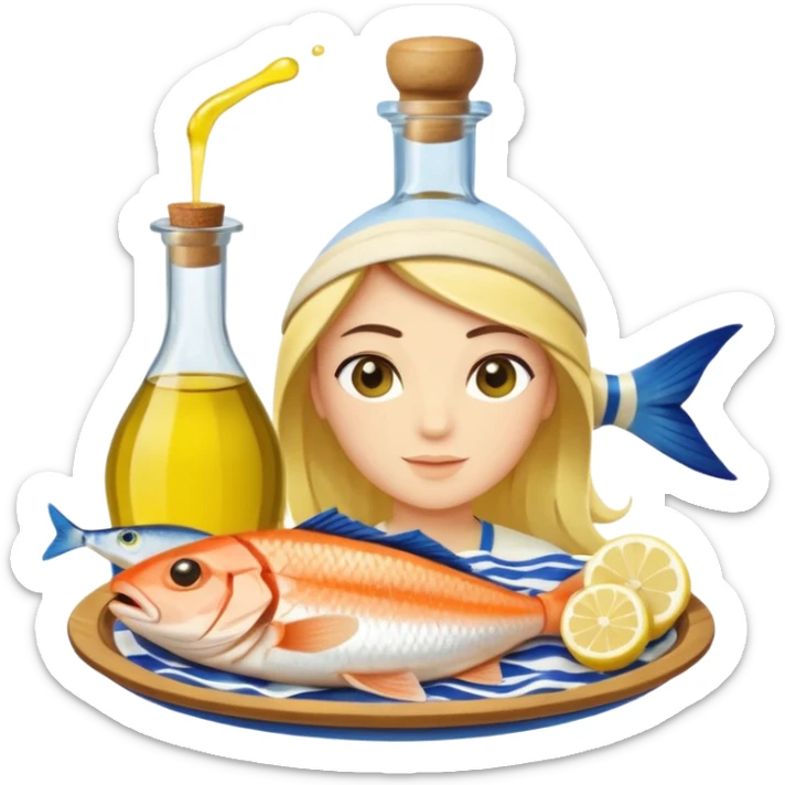 Mediterranean cuisine avatar in clean emoji-style illustration. Olive oil, fish, lemon, blue and sunny colors, light and fresh mood, flat design, high contrast. sticker