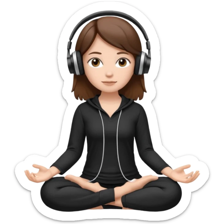 White girl, brown hair meditating with headphones on and black and white clothes sticker