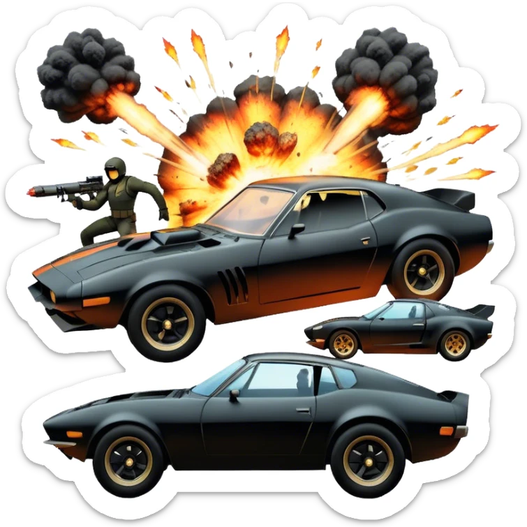 Photorealistic Icon for Action Movies: Dynamic collage of iconic action movie scenes featuring explosions, fast cars, combat, and weapons. Include silhouettes of famous action heroes, dramatic lighting, and a sense of high-octane energy. Transparent background. sticker
