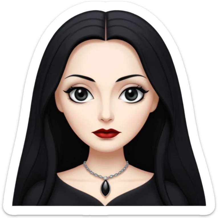 Create a realistic portrait of Morticia Addams with long black hair, elegant black dress & sharp gaze. sticker