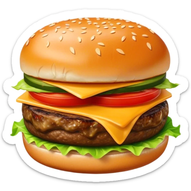 Cinematic juicy cheeseburger, perfectly grilled patty, melted cheese, crisp lettuce, tomatoes, and pickles, soft sesame seed bun, glossy and rich, warm glowing background, ultra-detailed and appetizing. sticker