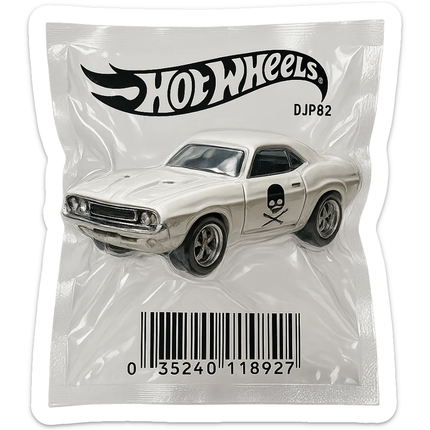 white 1971 Dodge Challenger Hot Wheels toy car, shiny and inflated, inspired by the movie 'Death Proof' sticker