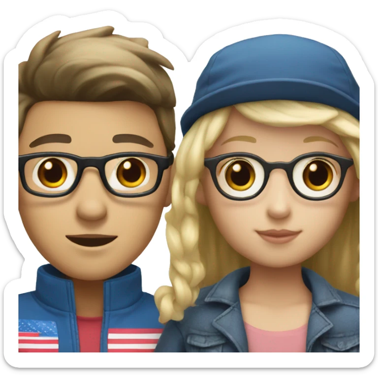 Korean guy with glasses and hat and American girl with blonde hair and blue eyes  sticker