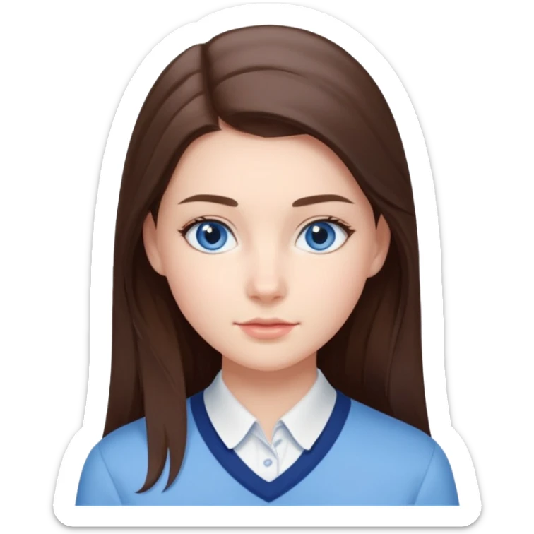 Realistic Student Portrait, with porcelain-like skin featuring a natural rosy flush, iHer Brunette Half-Up Style for Straight  hair flows in soft, Her deep blue eyes radiate warmth and innocence,  wear light blue preppy style. sticker