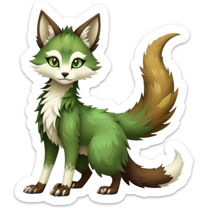 Kawaii dark edgy brown beige white fantasy ethereal feline-vernid-sergal-fursona animal creature with a tufted tail full body with intricate markings, hazel-gold-green eyes sticker