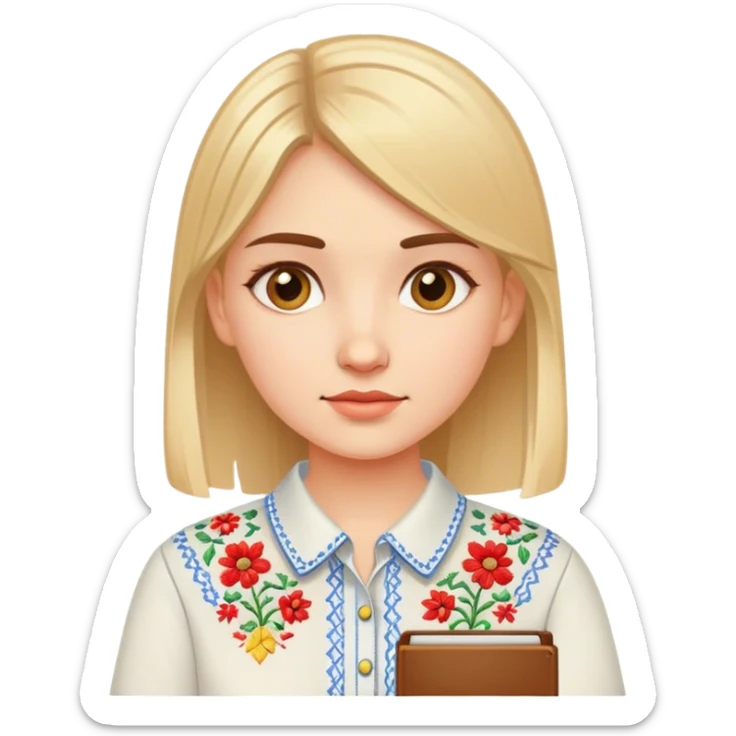 A Ukrainian girl in an embroidered shirt holds a diagram sticker