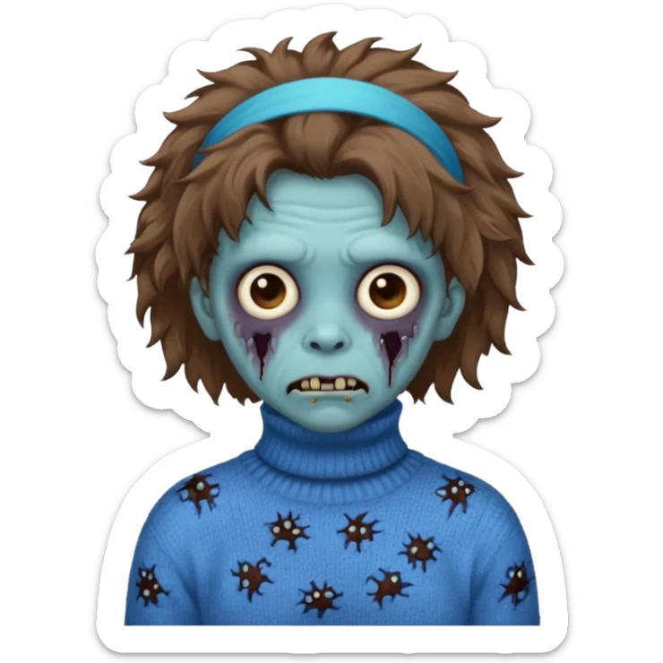 brown fluffy haired blue zombie with turtleneck sweater and hair band sticker