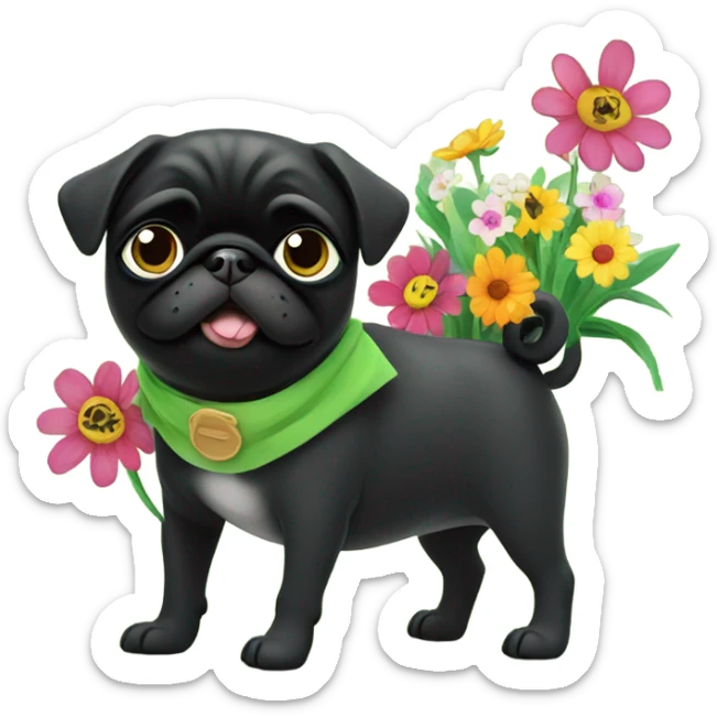 Black pug , surrounded by flowers, holding a green sign that says “good luck”  sticker