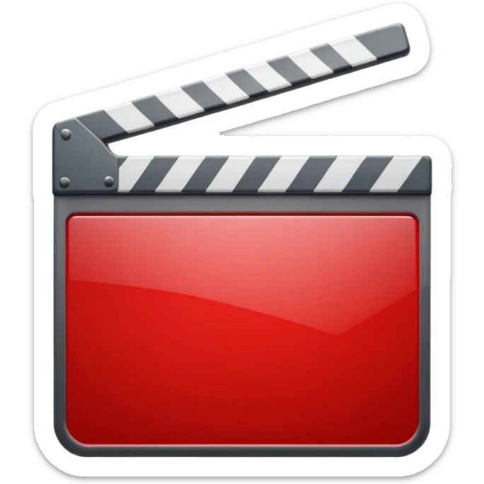 Glossy bright red clapperboard in the classic style of Apple icons: the top bar is tilted up-left, the body and bar with a deep glossy glare, dark gray edging, black background inside, perfectly square with rounded corners. sticker