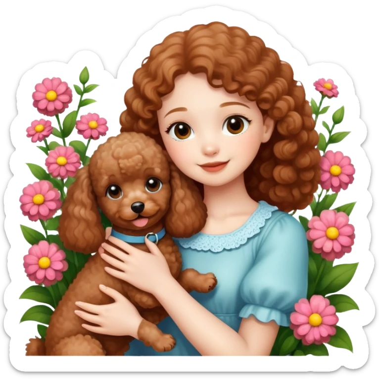A beautiful girl happily hugs a brown toy  poodle in the flowers sticker