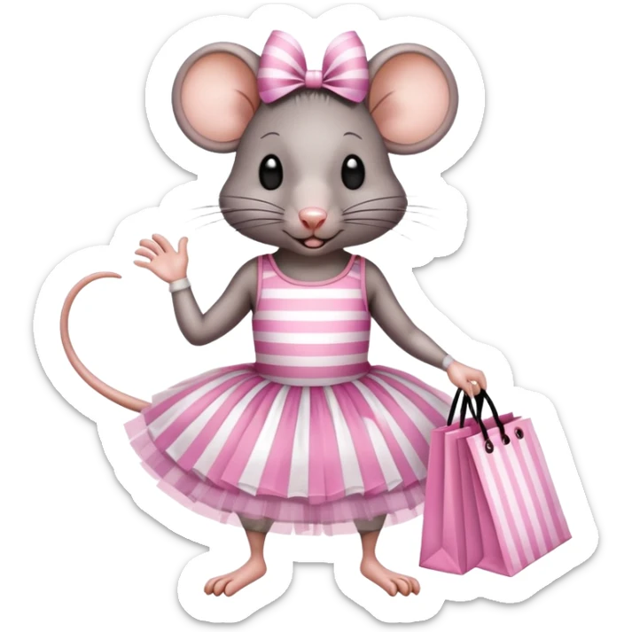 rat with a pink dress and tutu holding a black and white striped shopping bag sticker