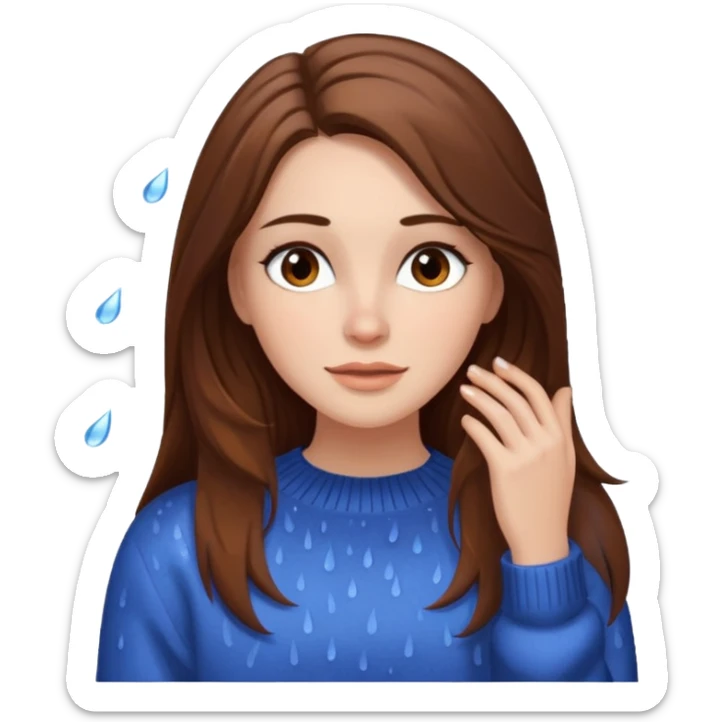 white woman with long brown hair and brown eyes, wearing a sweater, enjoying the rain, makeup visible sticker