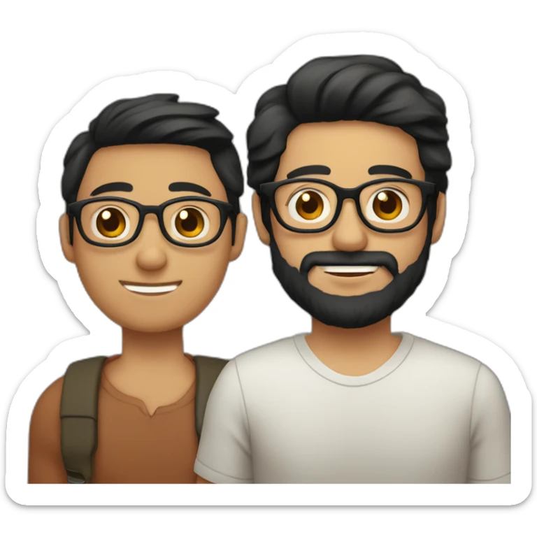 Gay couple of a 32 years old Colombian man with beard and glasses, black hair and brown holding hand with a Vietnamese man, 21 years old, NO BEARD, with old style glasses sticker