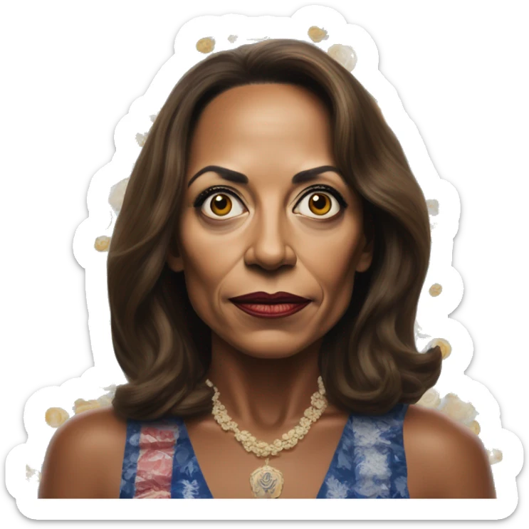 US president Kamala in Bond style, oil paint, mysterious eyes, intricate lips, masterpiece portrait, odd perspective, beautiful, desirable, logical, midsommar, ikea sticker