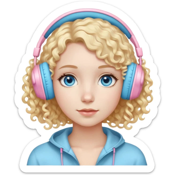 Girl Emoji, White Skin, Blue Eyes, Short light blonde golden curly hair in a long bob wearing light pink head phones  sticker