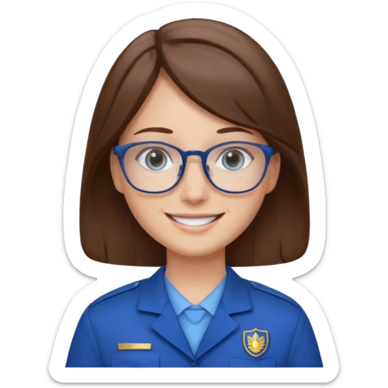 Generate from my photo brown hair blue eyes with glasses wearing care blue uniform sticker